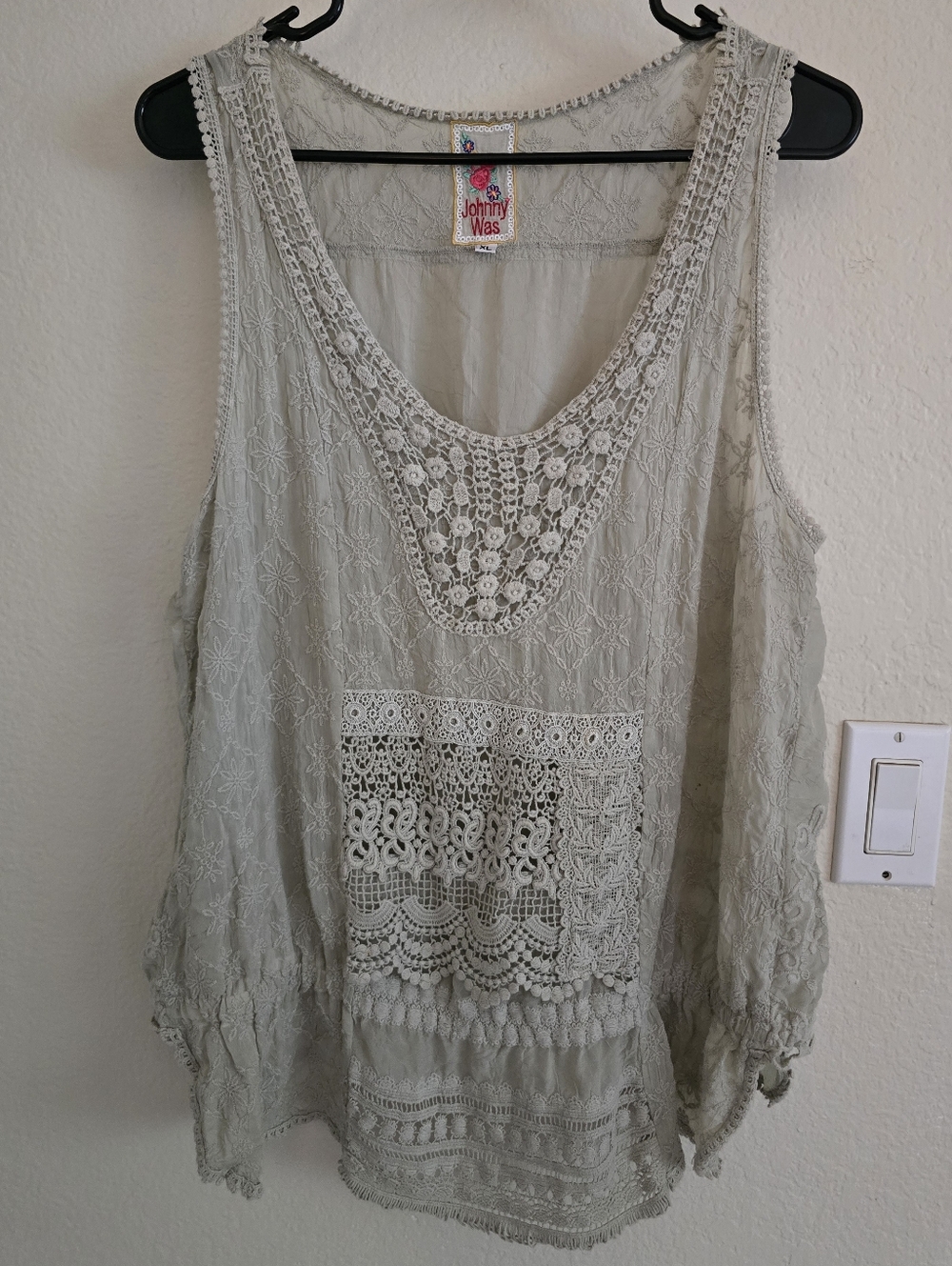 Johnny Was Sage Green Lace & Crochet Trim Sleeveless Tank Top Sz XL